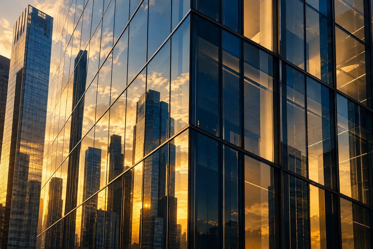 The glass facade of an American skyscraper reflecting a golden sky