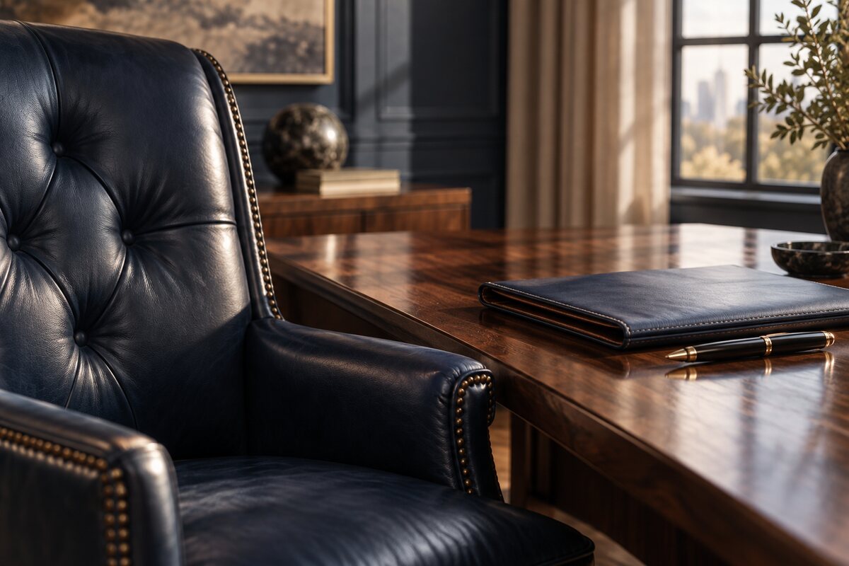 A leather executive chair beside a walnut table in warm light